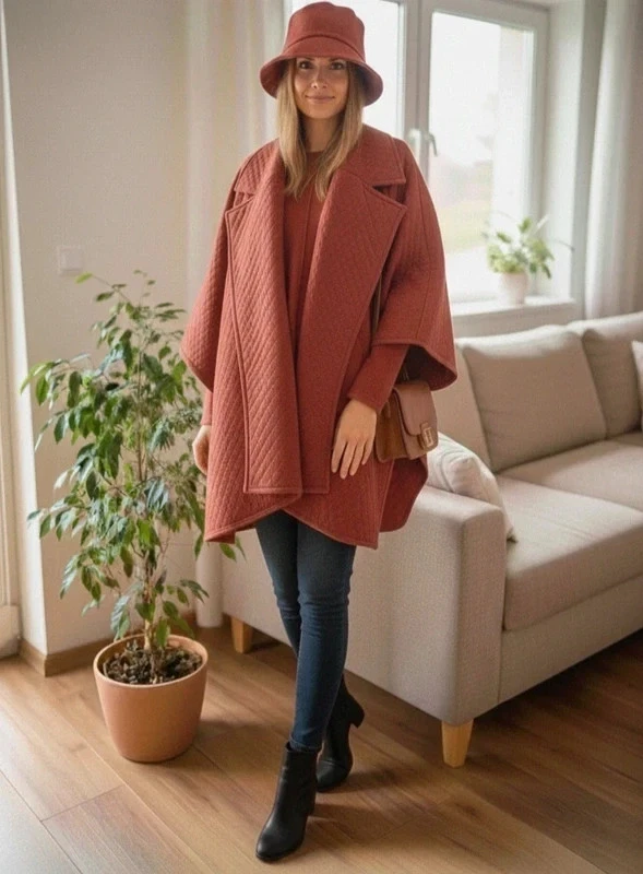 Posh mark Free People coral red Quilted Poncho One Size - Boho Chic Layer