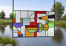 Stained glass window panel hanging geometric 18 3/8 x 11 3/8