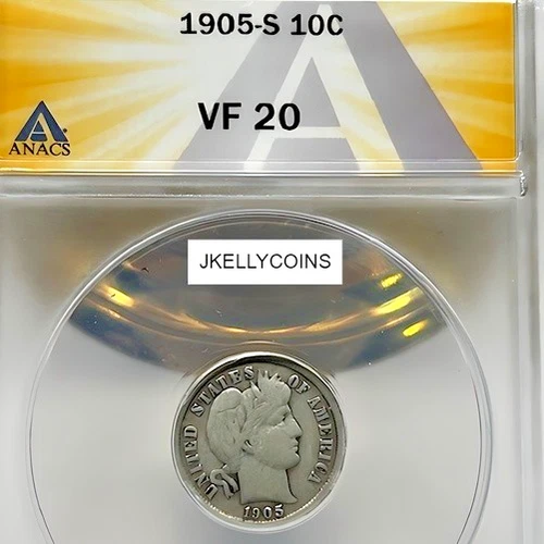 1905-S Barber Dime- Silver - ANACS FV20 Graded Example Tough Date In Any Grade!