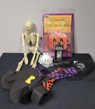 Halloween Decor Lot - Skeleton, Pumpkin Lawn Bag, Lantern, Hanging Witch Legs