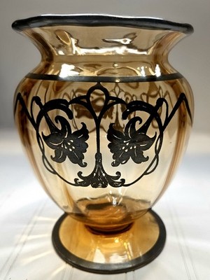 Vintage Rockwell Sterling Silver Overlay Amber Glass Vase 8  - Repaired