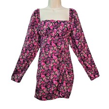 Pretty Little Thing Dress Womens Black Pink Floral Bow Slit Bodycon Cottagecore 