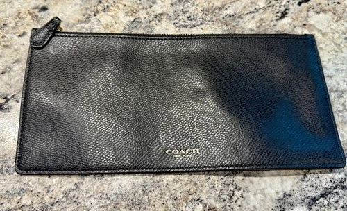 COACH Crossgrain Slim Zippered Pouch Textured Leather Navy 9.5 x 4.5 Inches
