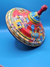 Vintage Ohio Art Tin Litho Spinning Top Children Train Cars Red Wood Handle