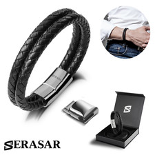 SERASAR Premium Leather Bracelet Double for Men - Black, Silver Gold Color