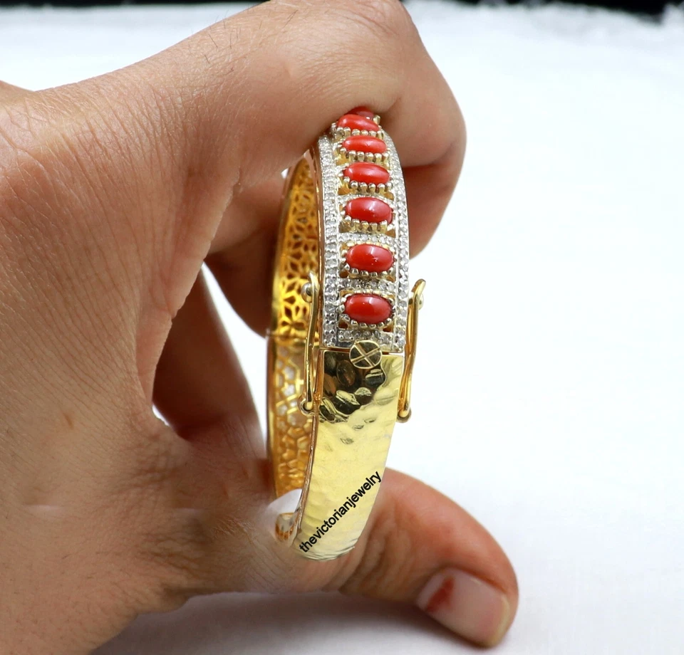Coral Single Cut Diamond 925 Sterling Silver Unique Bangle For Engagement Gift - Image 3 of 4