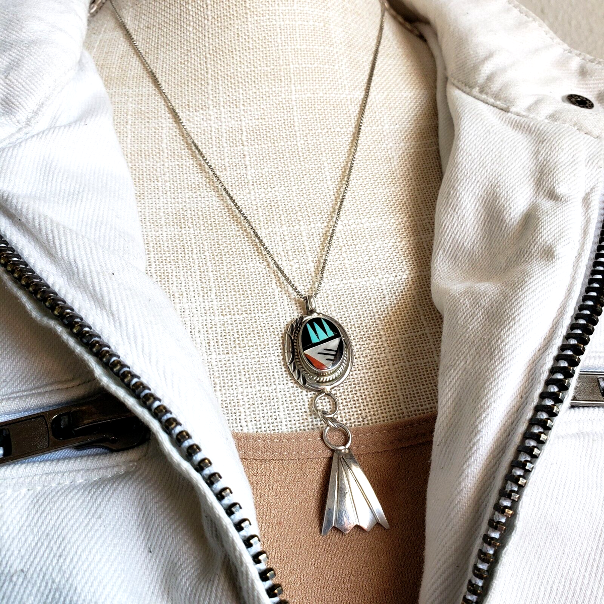 FS Signed Navajo Sterling Silver Inlay Pendant 20