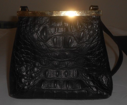 Vintage Unique Lamarthe Paris Black Calfskin Leather Croc Embossed Handbag Italy - Picture 3 of 10