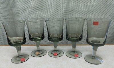 5 NEW Mid Century Denby Arabesque Dusk Grey Stemware Wine Glasses Minor Sweden