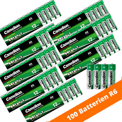 100 x Camelion R6 AA Mignon Batterien Super Heavy Duty 1,5V Zink Kohle Folie