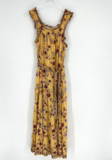 Max Studio Dress Womens L Yellow Maxi Floral Ruffle Tiered Peasant Cottage