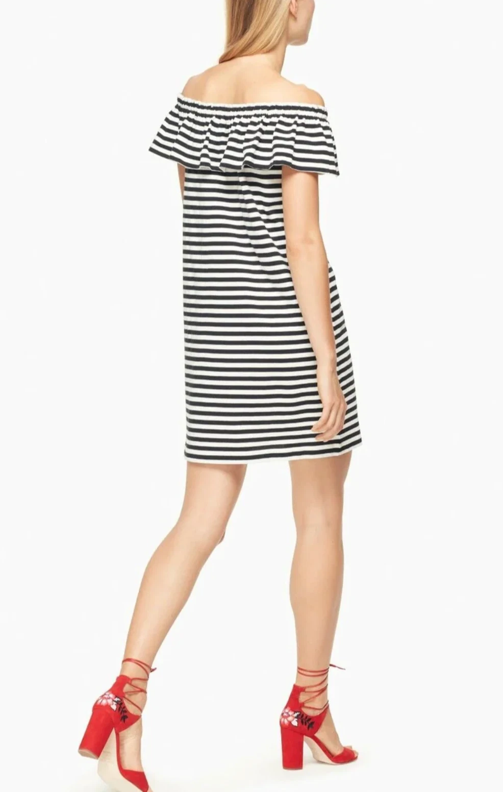 NUOVO abito Kate Spade bianco nero a righe scopa strada spalle scoperte cotone XS