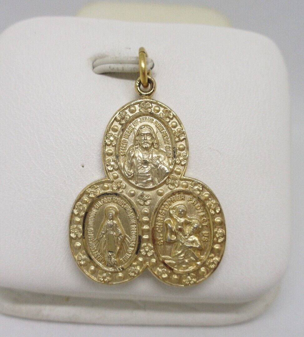 St. Christopher Sacred Heart Mary Creed Sterling Pendant Charm Gold Religious Nowa cena specjalna