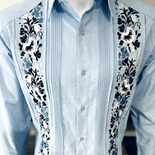 Mens Mexican Guayabera Shirt Light Blue Long Sleeve Flower Embroidery
