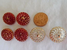 6 matching RED GLASS & CLEAR vintage BUTTONS with GOLD LUSTER self shank