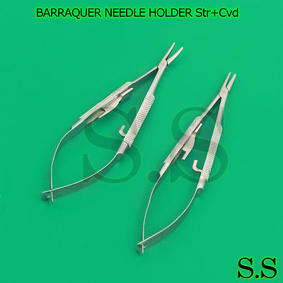 SET OF 2 PCS BARRAQUER MICRO MINOR SURGERY NEEDLE HOLDER STRAIGHT+CURVED 4''