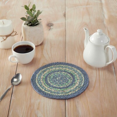 Jolie Jute Trivet 8'' Country Primitive Natural Sky Blue Sea Grass Green Cream
