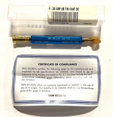 Van Keuren 8-36UNF 2B Double End Tin Coated Thread Plug Gage With Handle