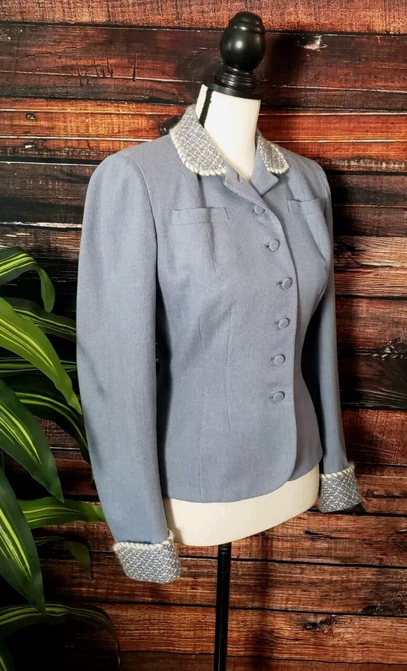 Blazer Towncliffe Pequeña Chaqueta Peplum Forrada Azul Mezcla Lana Borde De Colección Años 40 50 Foto 3 de 4