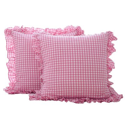 2 Pack Pink Plaid Ruffle Euro Pillow Shams 26x26 inches Washed
