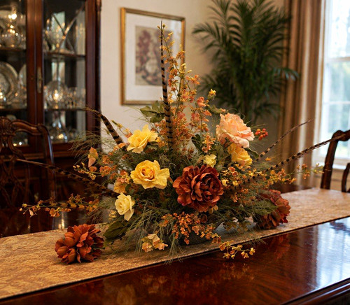 Large 39” Floral Centerpiece Pheasant Feathers Silk Roses 360° Table Arrangement