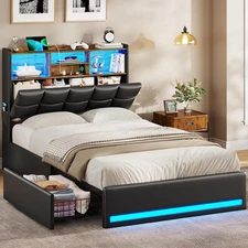 T/F/Q Size Bed Frame with Bookcase Headboard & Storage,Upholstered Platform Bed