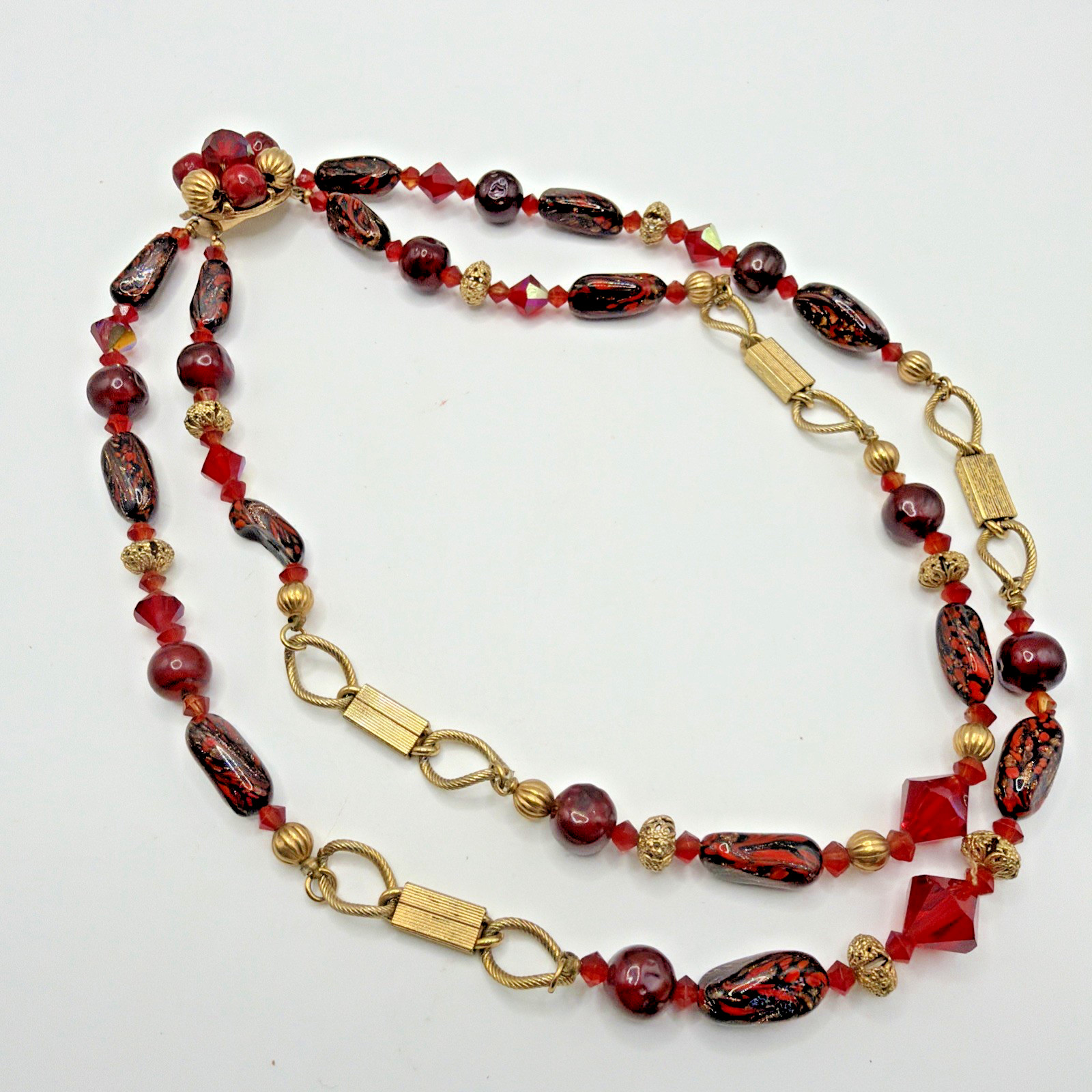 Vintage Czech Multi Strand Necklace Red Gold Toned Glass