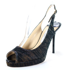 JIMMY CHOO Black Iridescent Glitter Fabric NOVA Heels Slingbacks 37