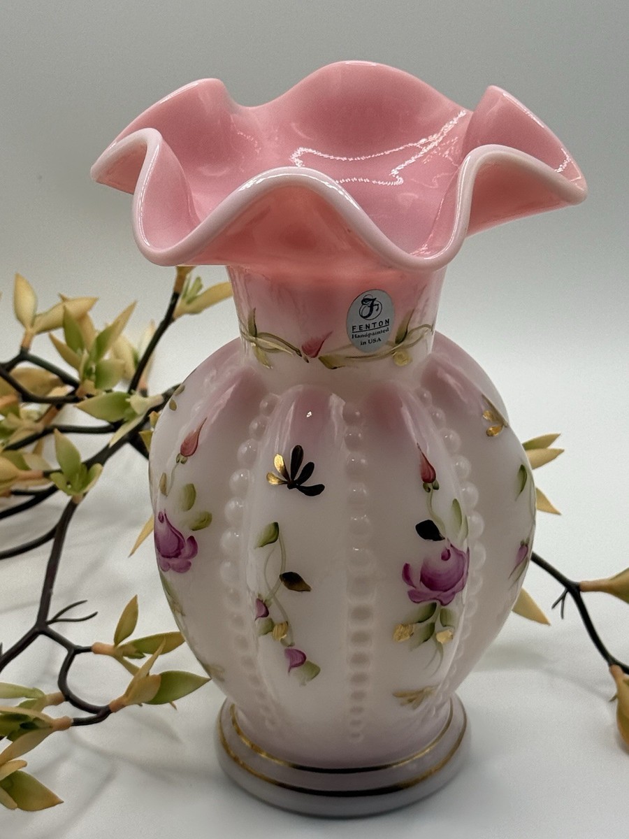 Fenton 2002 Vase Rosaline Pk Charleton Rose Beaded Melon Hand