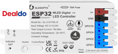 ESP32 WLED RGB IC LED Strip Controller 4 Channel Outputs 15A Fuse Mic Sound Dyna