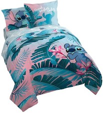 Disney Lilo Stitch Floral Fun 7 Piece Queen Bed Set - Includes Reversible C...