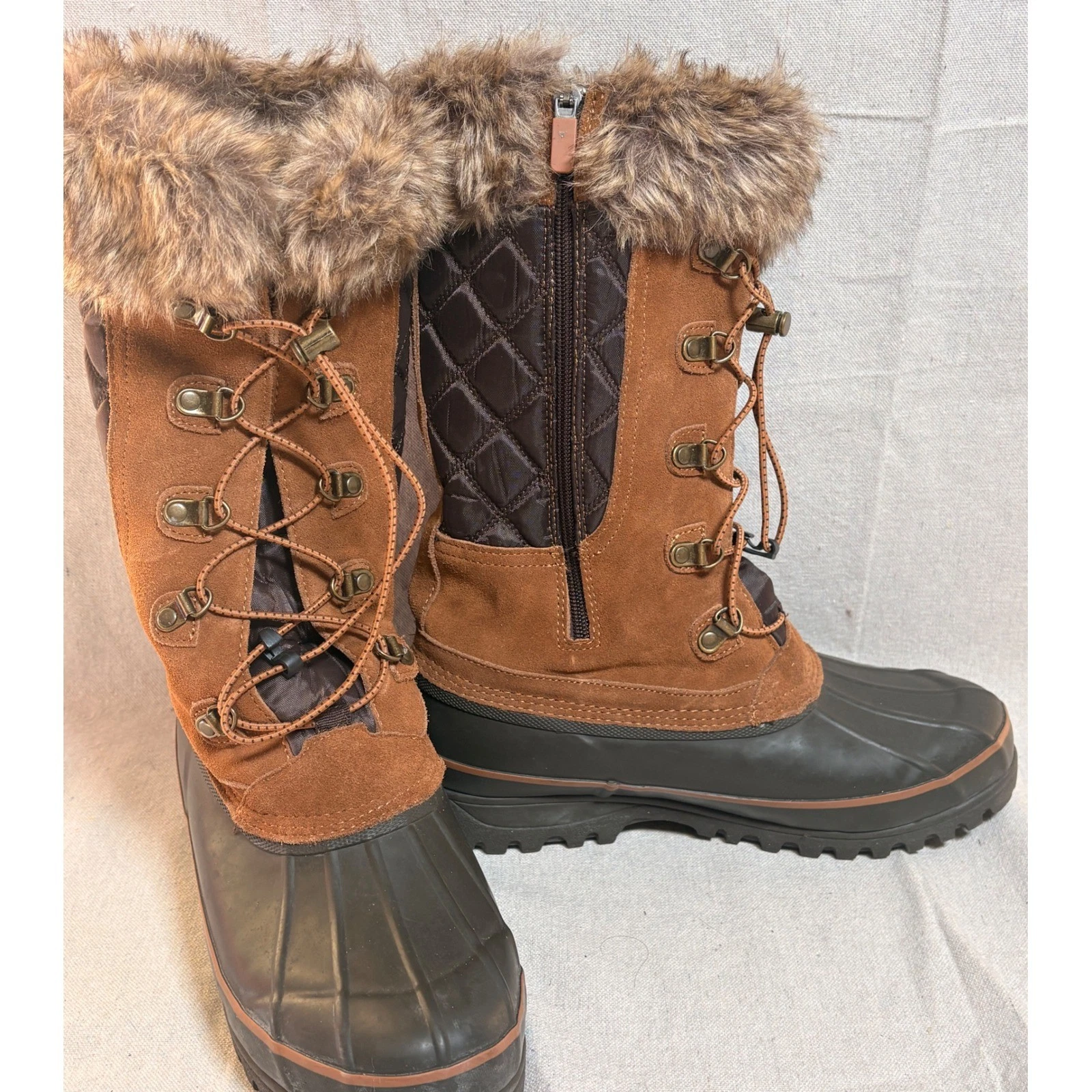 Lands End Womens Brown Squall Quilted Faux Fur Winter Snow Boots Sz 10