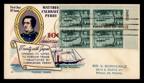 DR WHO 1953 FDC PERRY JAPAN TREATY ANIV PLATE BLOCK FLUEGEL CACHET #1021 M80043