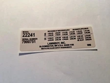 Reproduction Lawn-Boy 22241 Model Serial Replacement Adhesive Decal.