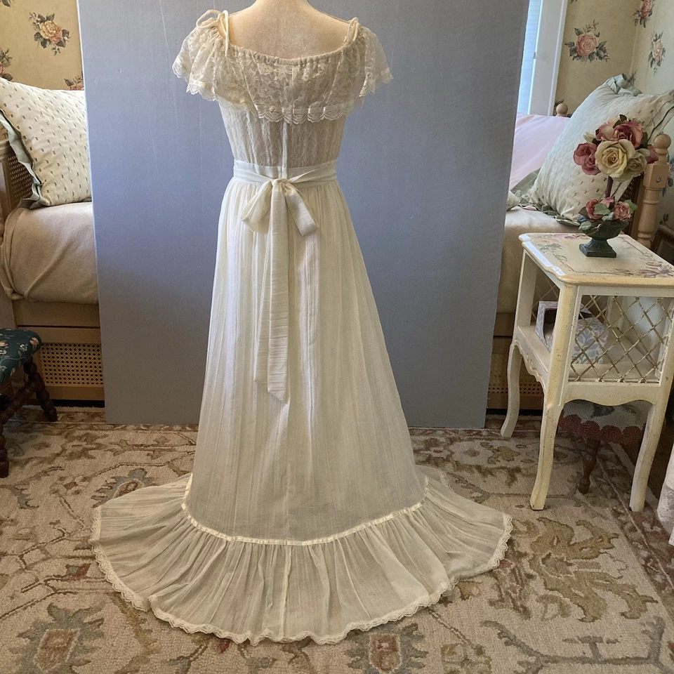 VTG 70s Gunne Sax Wedding Dress By Jessica Gauze Ivory Lace Bodice Hippie Boho - Image 2 of 4