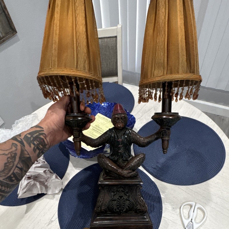 2-Light Figural Table Lamp, 2 Shades w/ Beaded Fringe, Brown, Wall Switch