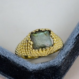 Authentic 18K Gold Plated Labradorite Square Ring 8mm Statement Ring Bezel Set