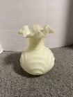 Vintage MCM Fenton Satin Drapery Uranium Ruffled Rim Vase 8” Glows