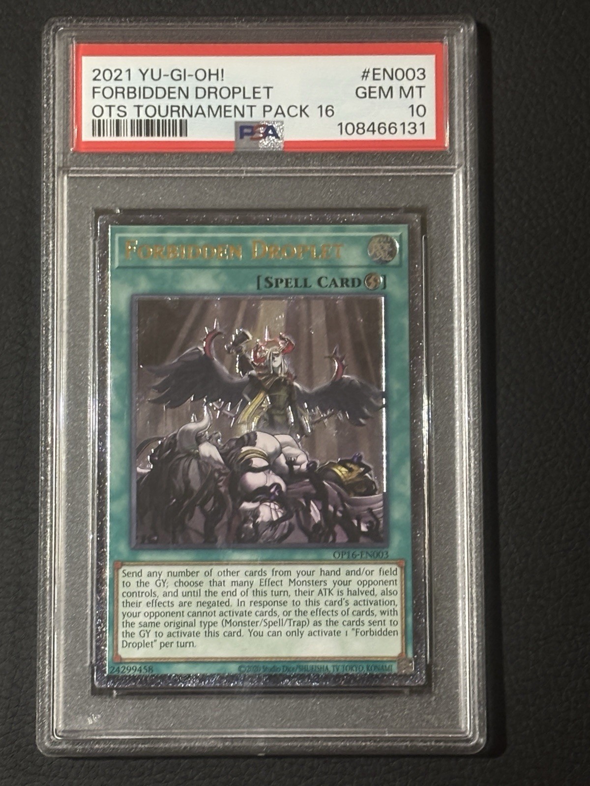 Forbidden Droplet OP16-EN003 YuGiOh OTS Tournament Pack 16 trading card — raw and PSA graded price guide