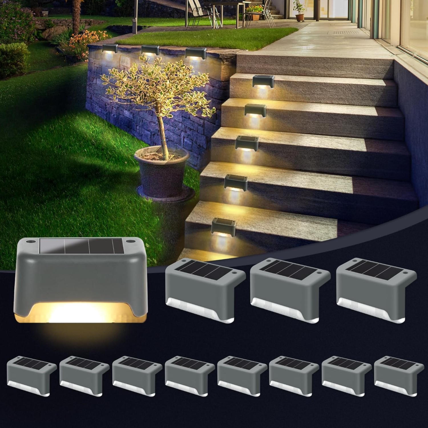 12er Set Solarleuchten für Terrasse und Garten, Warmweiß, Modern