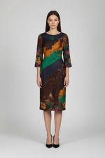Oscar De La Renta Brushstroke Floral Midi Dress Abstract Wool Silk Sz 12 XL NWOT