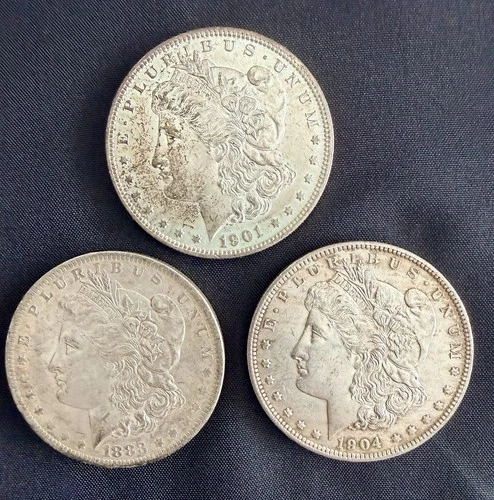 3 Morgan Silver Dollars 1883-O, 1901-O, 1904-O U.S. Coins 90% #2