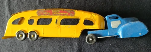 Vintage Metal Toy Louis Marx & Co. Truck and Auto Transport  - Blue and Yellow