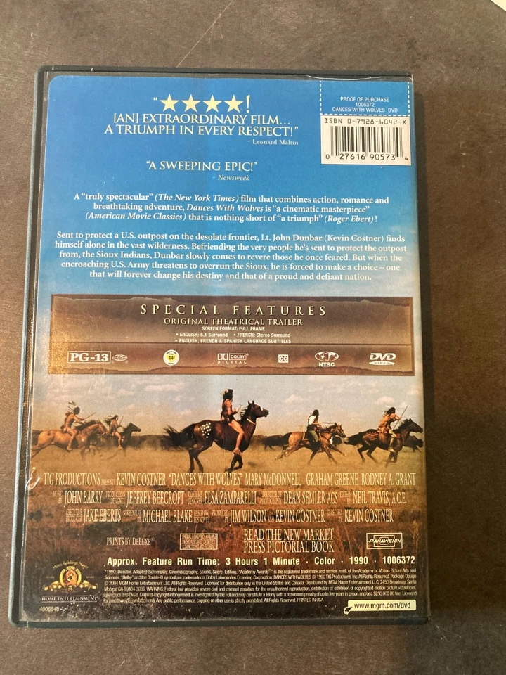 Dances with Wolves DVD 1990 Kevin Costner Academy  Award Winner (with slip) - Image 2 of 3