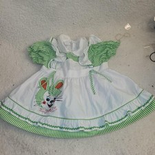 Vintage Toddler Girl Bunny Easter Dress Green White Striped Ruffle Size 2...