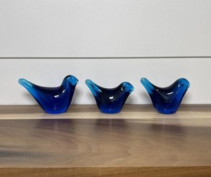Cobalt Blue Birds Blown Glass Bird Family Figures Set Of 3 VTG Ganz