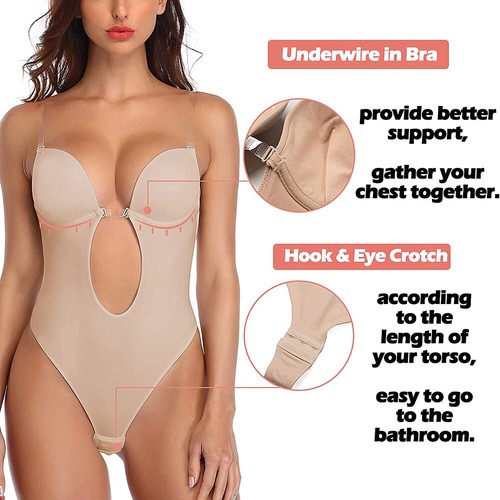 Women Invishaper-Plunge Backless Deep V Bra Backless Thong Bodysuit Body Shaper - Picture 7 of 22