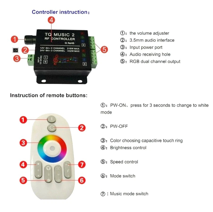 Music Touch RF 18A DC12-24V Audio 3.5mm Remote Control For LED RGB Strip Light - Image 3 of 4