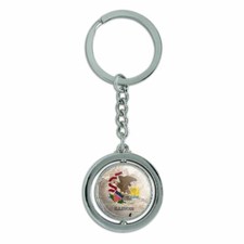 Rustic Illinois State Flag Distressed Spinning Round Chrome Metal Keychain