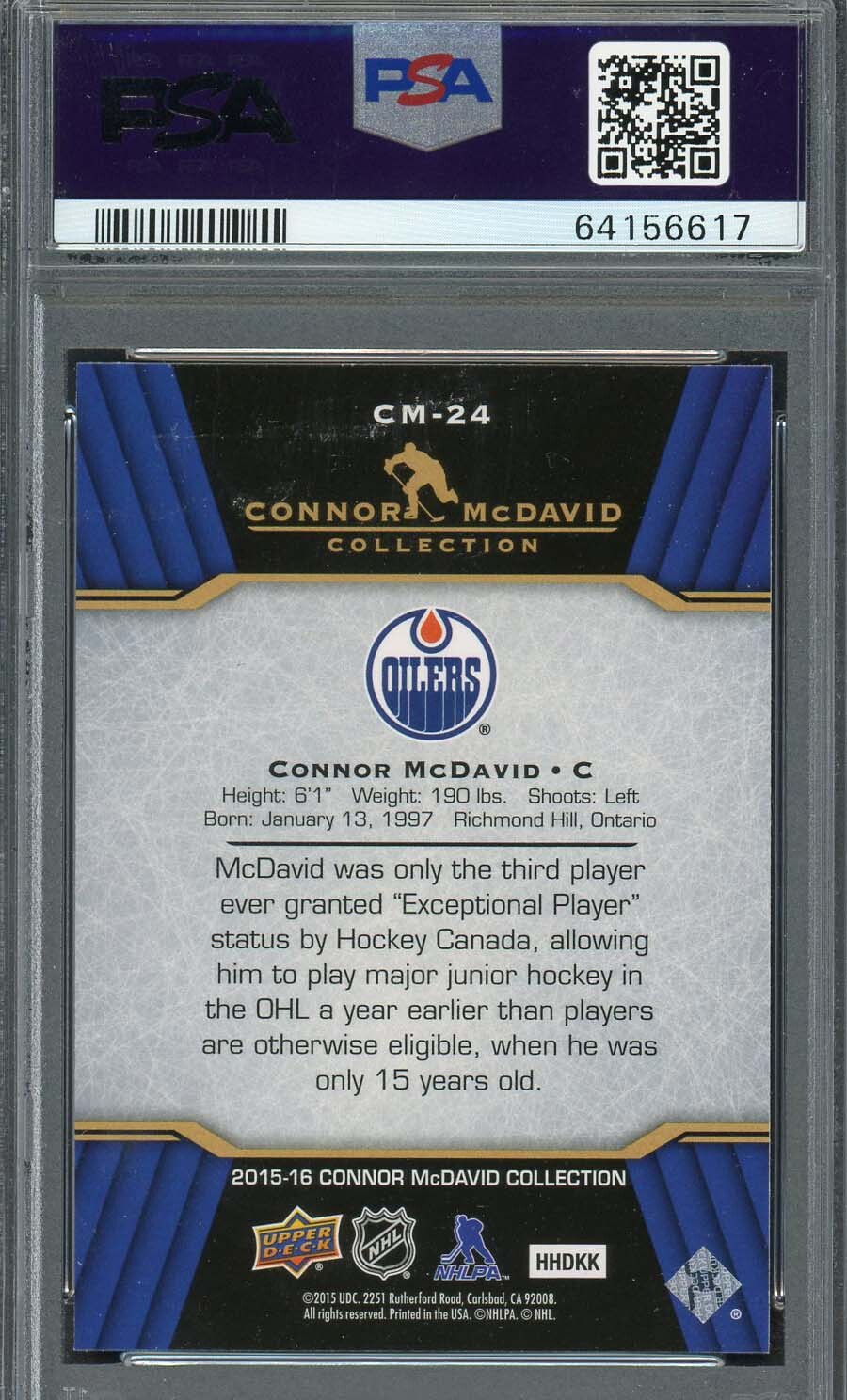 Connor McDavid 2015 Upper Deck Hockey Rookie Card RC #CM-24 Graded PSA 10 view 2